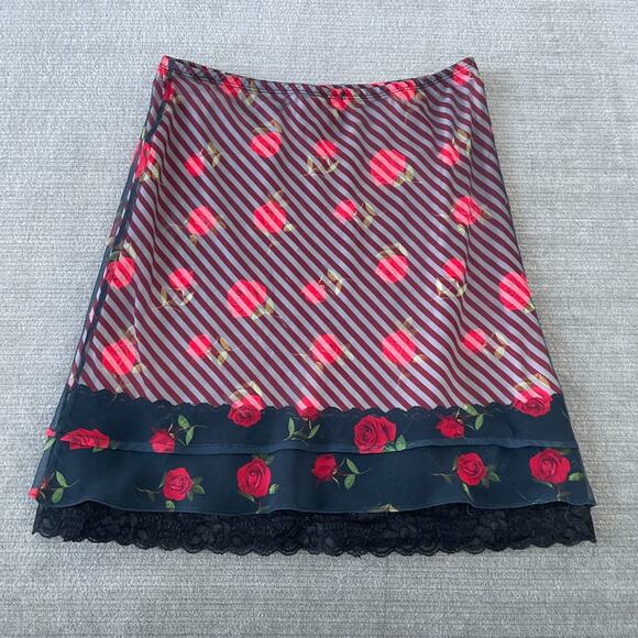 VTG Y2K Skirt Women M Red Striped Floral Knee Length Femme Fairy Office Siren - Picture 1 of 9
